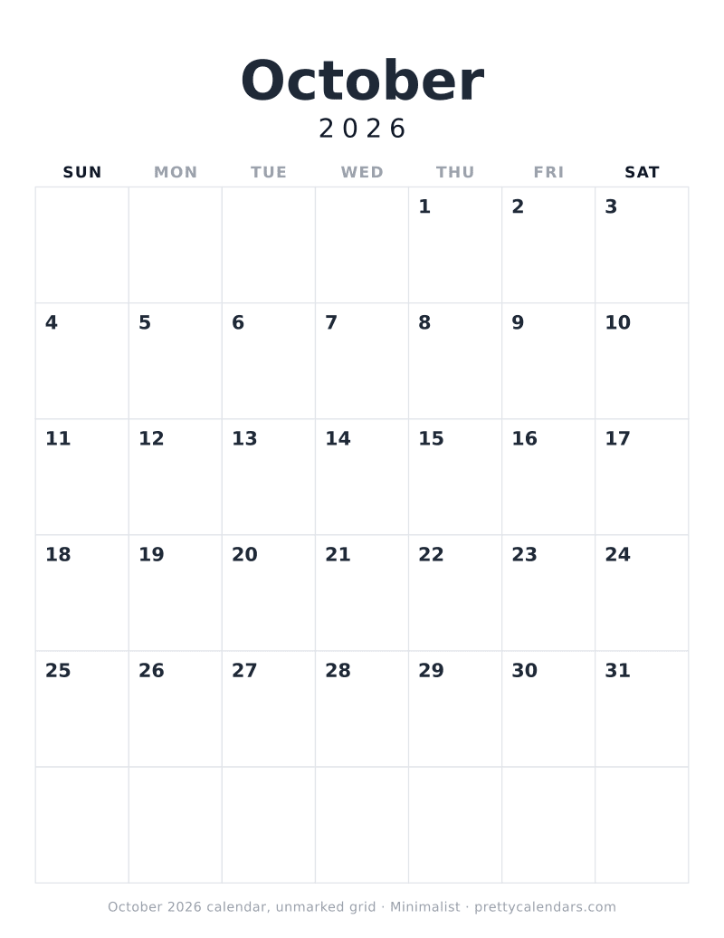Printable monthly calendar with an unmarked grid, no holidays and no weekend shading, Minimalist style