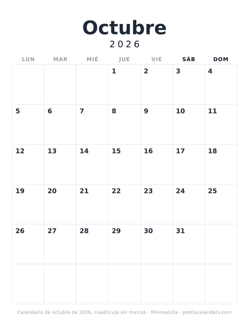 Calendario mensual para imprimir sin festivos marcados y sin sombreado de fin de semana, estilo Minimalista