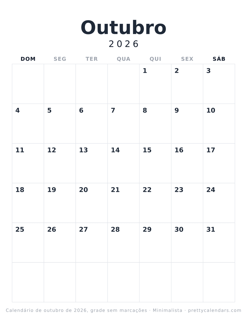 Calendário mensal para imprimir com grade simples, estilo Minimalista