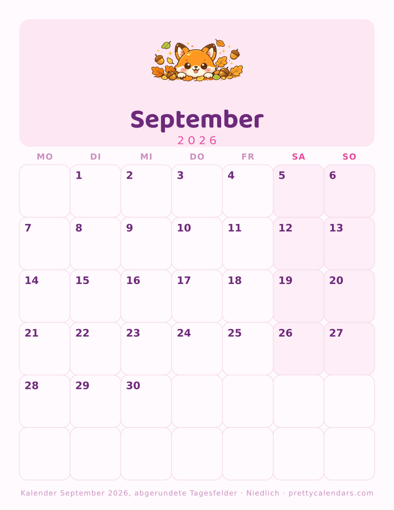 Druckbarer Monatskalender mit abgerundeten Feldern, Design Niedlich