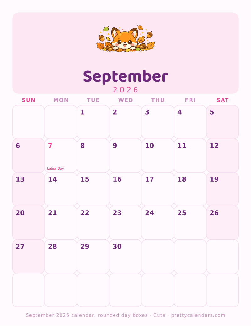 Printable monthly calendar with rounded day boxes, Cute style