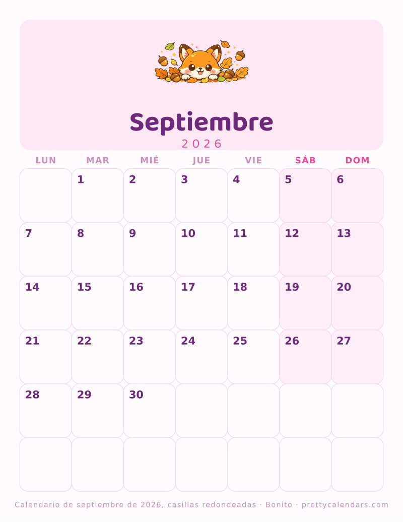 Calendario mensual para imprimir con las casillas de esquinas redondeadas, estilo Bonito
