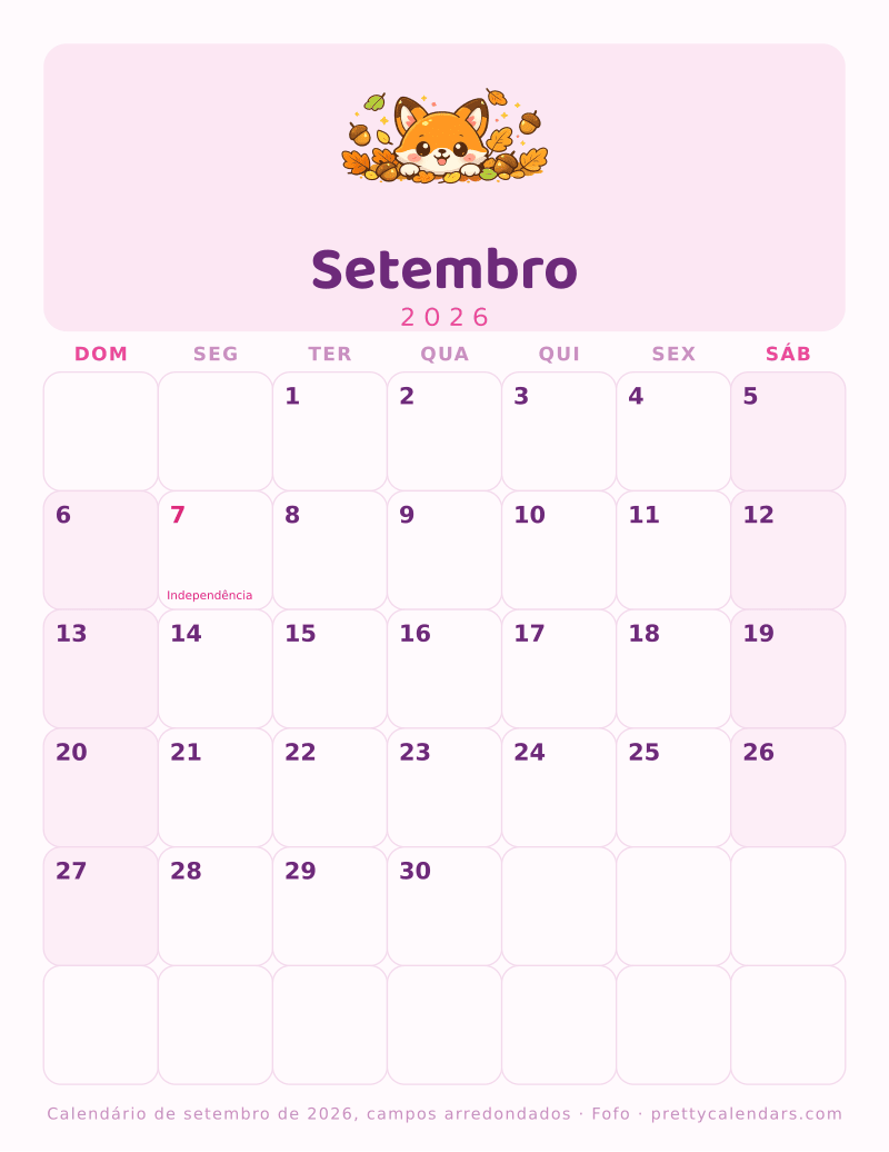 Calendário mensal para imprimir com campos arredondados, estilo Fofo