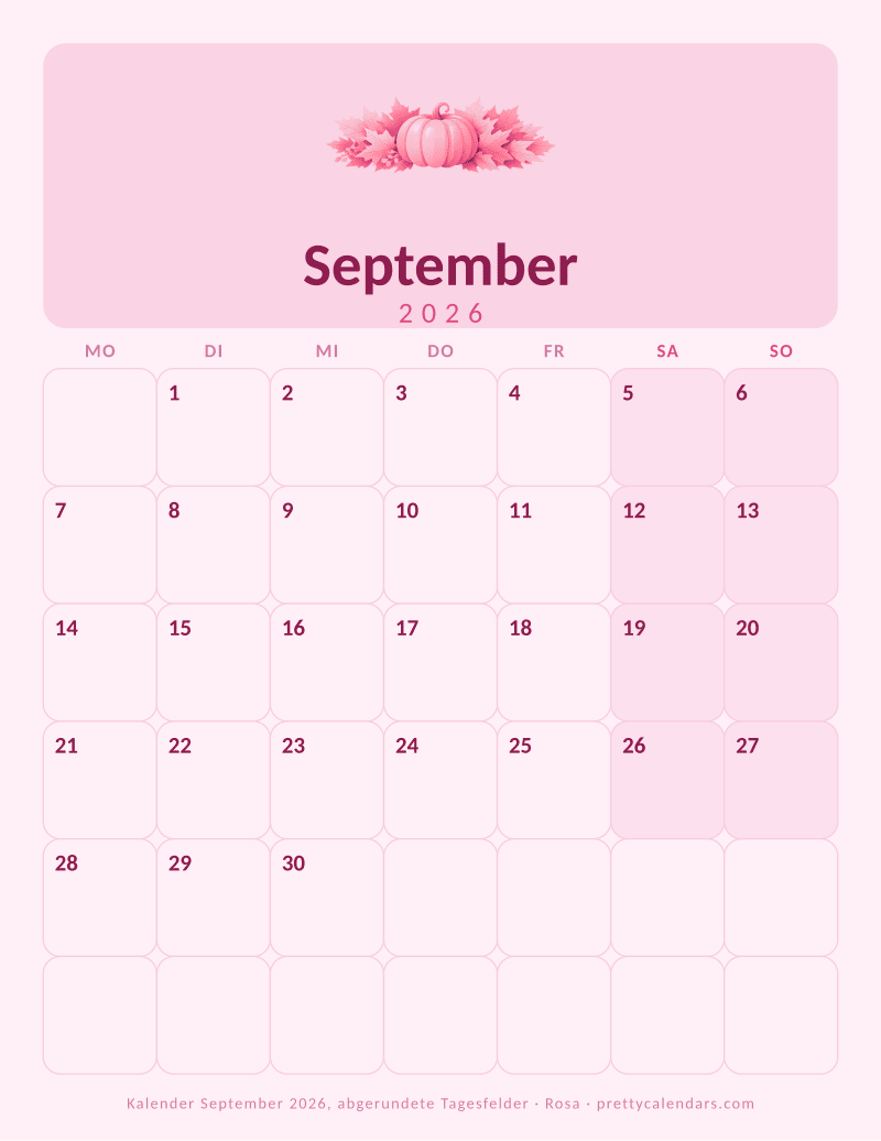 Druckbarer Monatskalender mit abgerundeten Feldern, Design Rosa