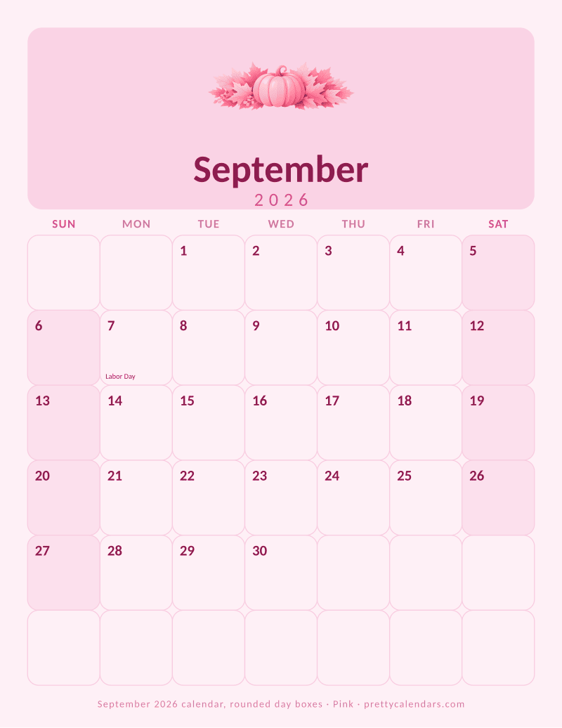 Printable monthly calendar with rounded day boxes, Pink style