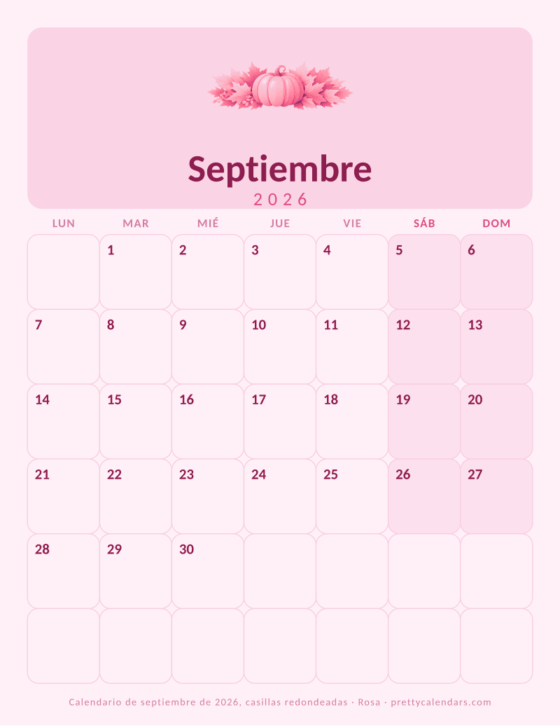 Calendario mensual para imprimir con las casillas de esquinas redondeadas, estilo Rosa