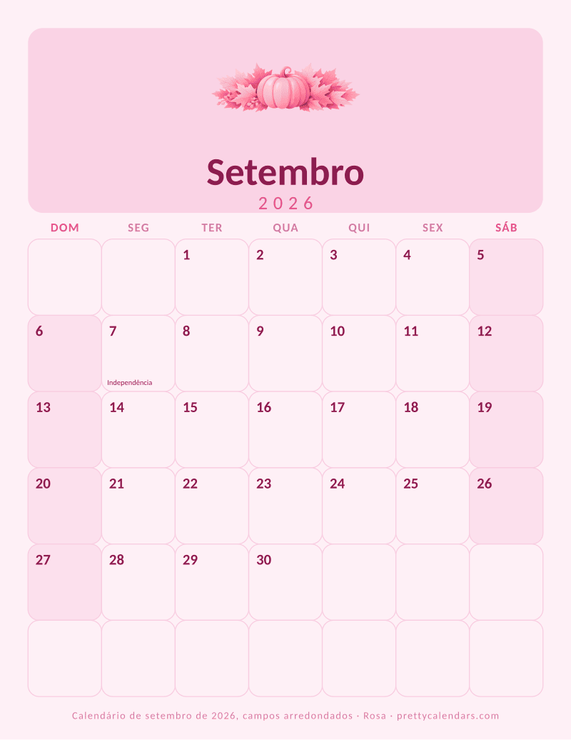Calendário mensal para imprimir com campos arredondados, estilo Rosa