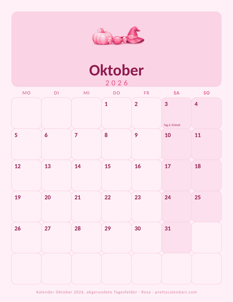 Druckbarer Monatskalender mit abgerundeten Feldern, Design Rosa