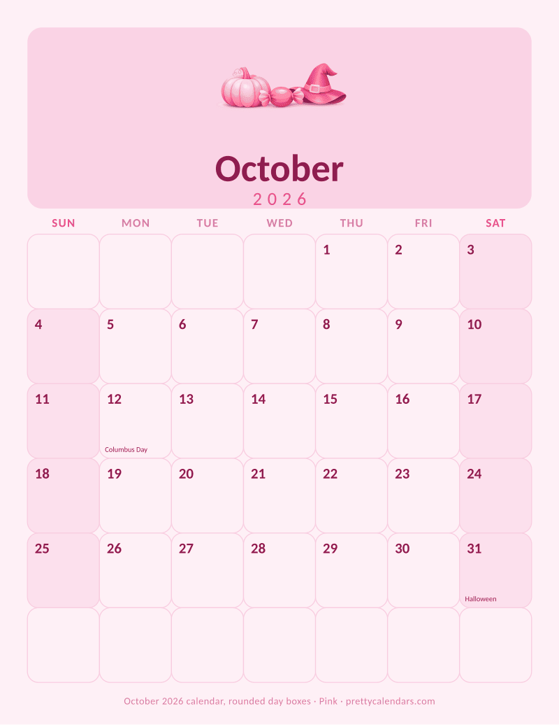 Printable monthly calendar with rounded day boxes, Pink style