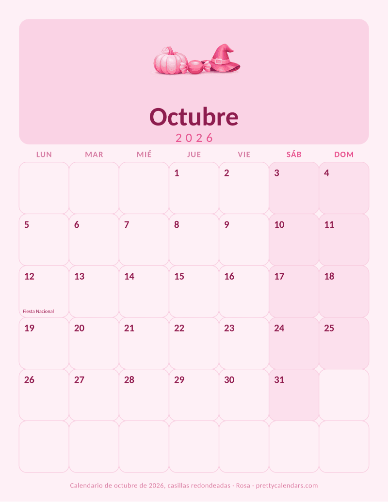 Calendario mensual para imprimir con las casillas de esquinas redondeadas, estilo Rosa