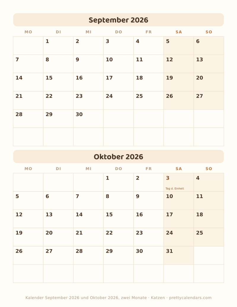 Druckbarer Monatskalender mit zwei Monaten, Design Katzen