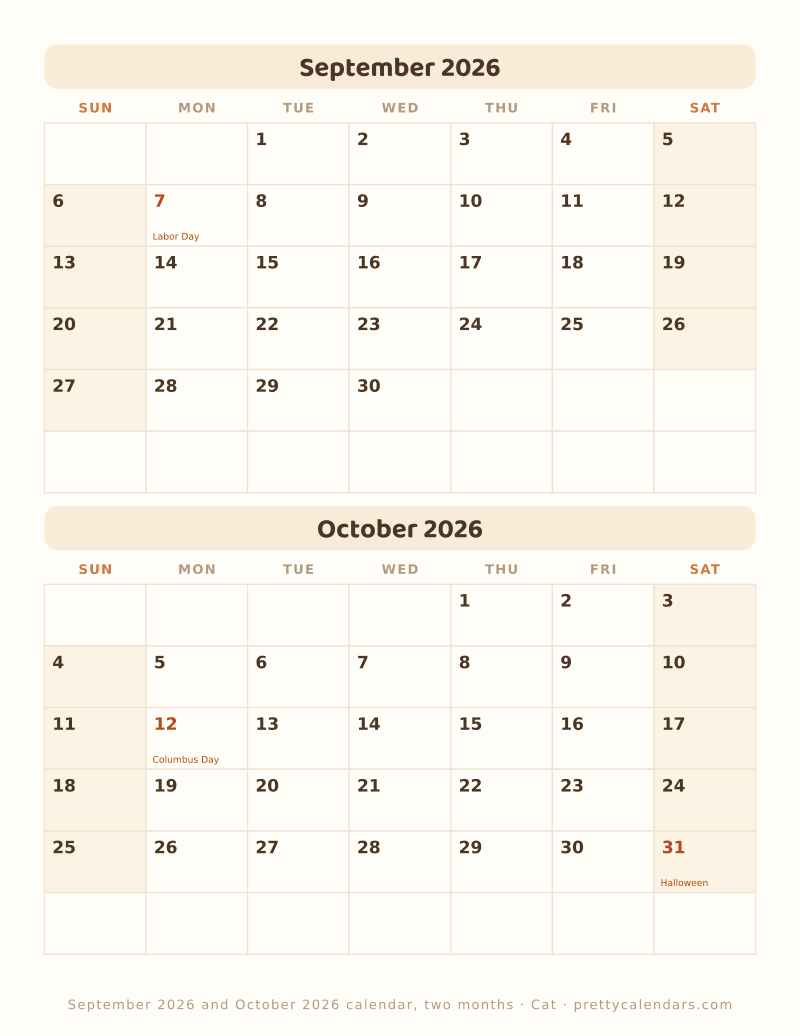 Printable two month calendar with both months dated on one page, Cat style