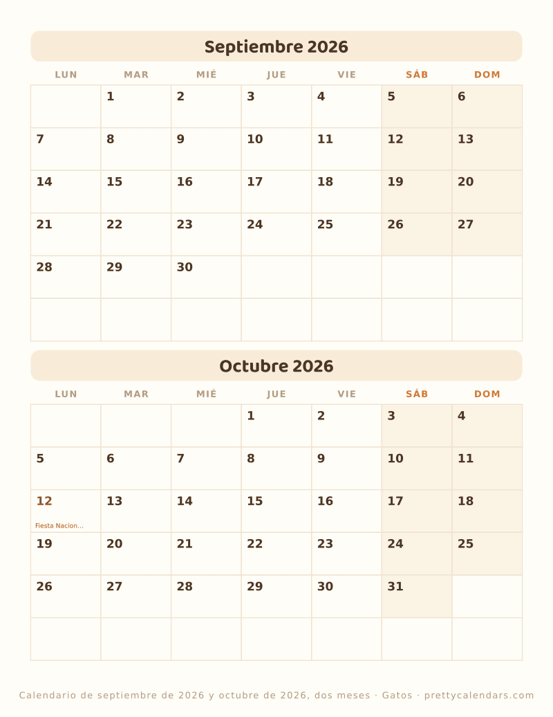 Calendario de dos meses para imprimir, los dos con sus fechas en la misma hoja, estilo Gatos
