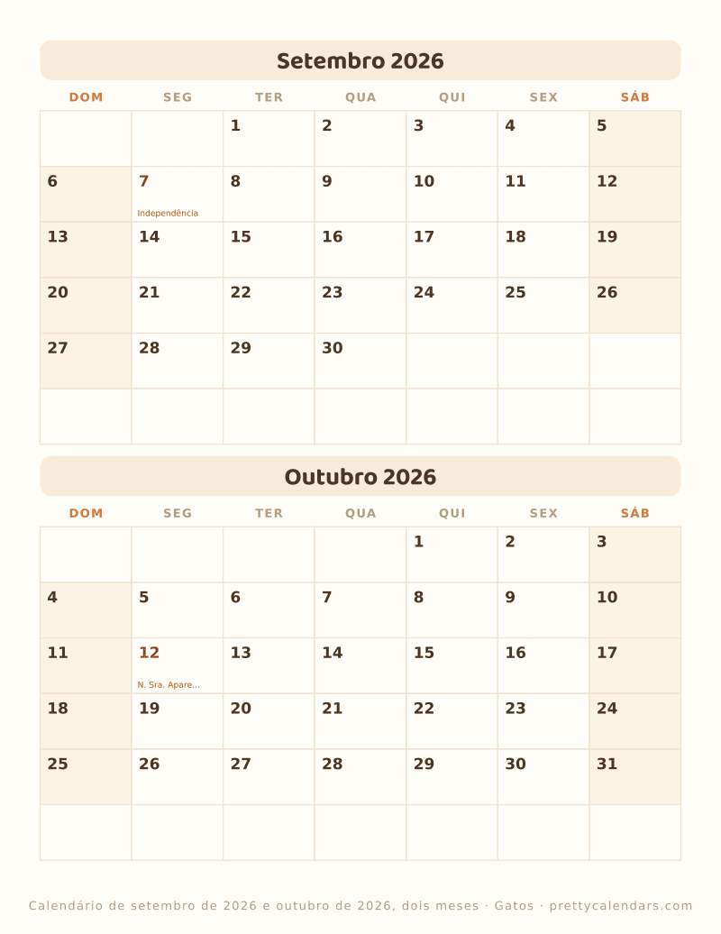 Calendário mensal para imprimir com dois meses, estilo Gatos