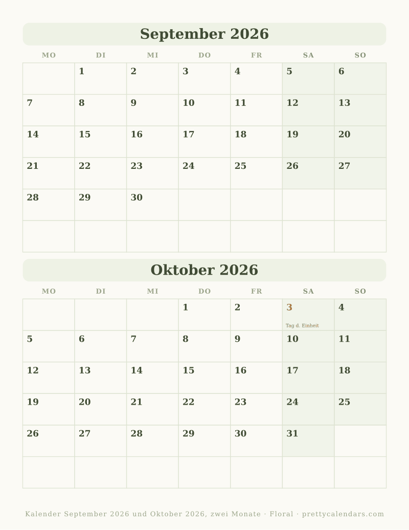 Druckbarer Monatskalender mit zwei Monaten, Design Floral