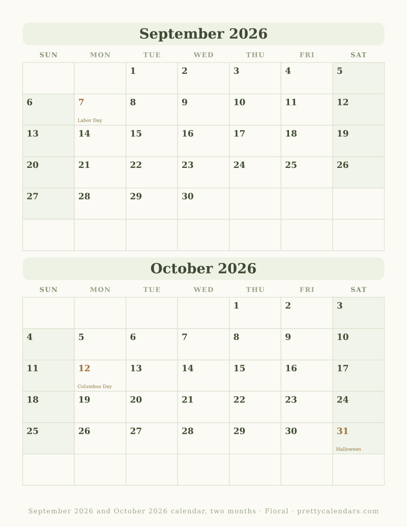 Printable two month calendar with both months dated on one page, Floral style