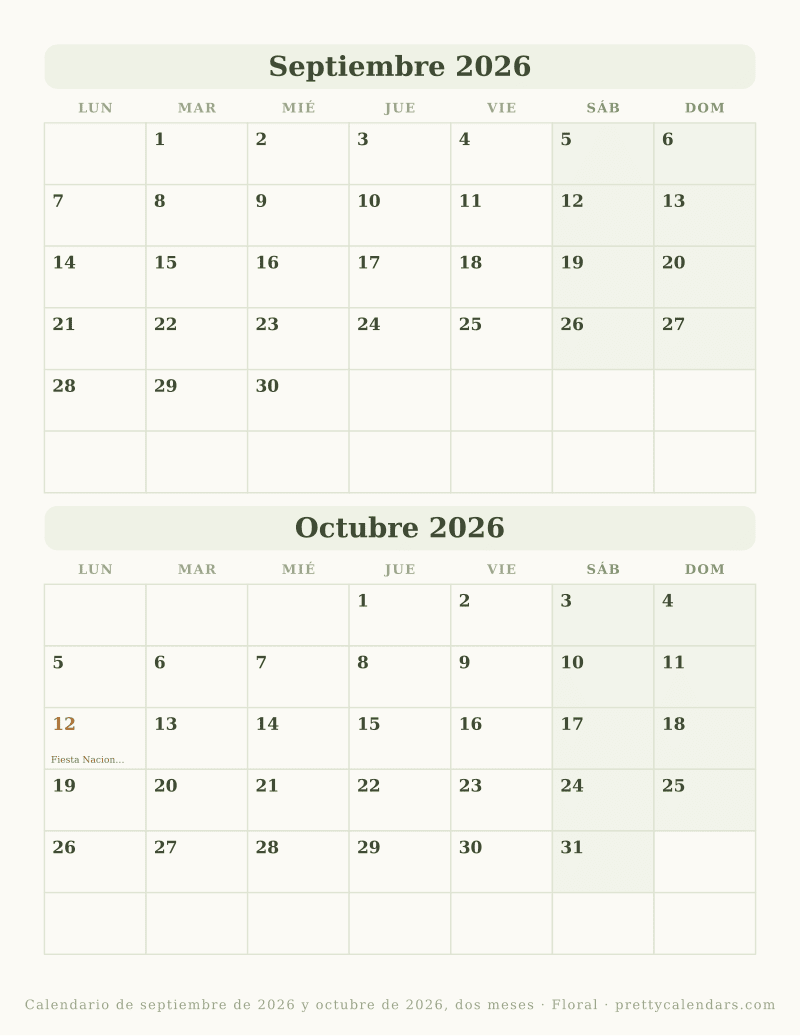 Calendario de dos meses para imprimir, los dos con sus fechas en la misma hoja, estilo Floral
