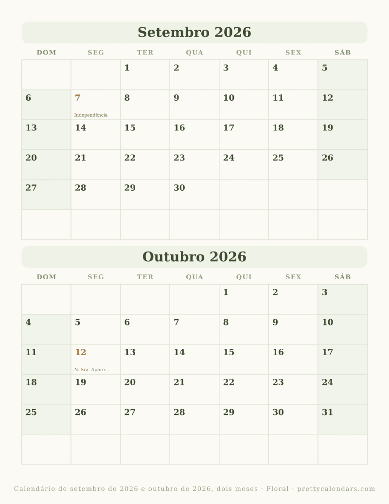 Calendário mensal para imprimir com dois meses, estilo Floral
