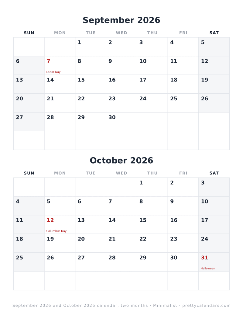 Printable calendar with two consecutive dated months on one page, Minimalist design