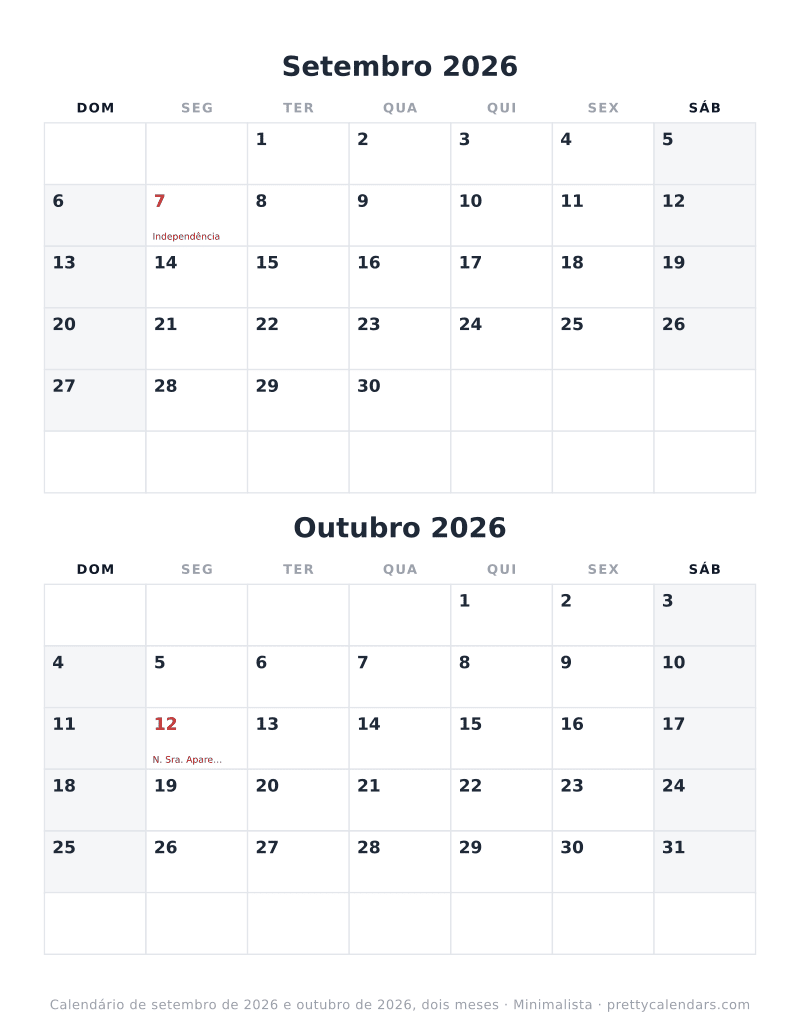 Calendário trimestral para imprimir com dois meses, estilo Minimalista