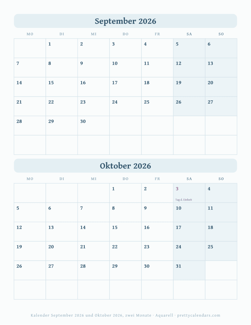 Druckbarer Monatskalender mit zwei Monaten, Design Aquarell