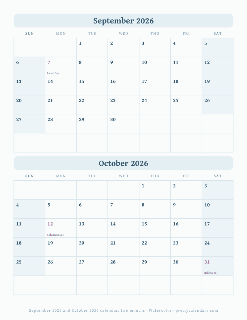 Printable calendar with two consecutive dated months on one page, Watercolor design