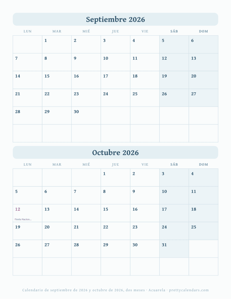 Calendario para imprimir con dos meses seguidos fechados en una sola página, diseño Acuarela