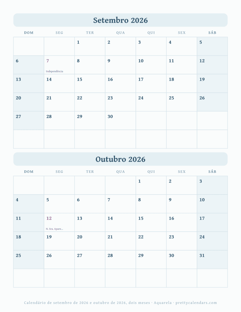 Calendário mensal para imprimir com dois meses, estilo Aquarela