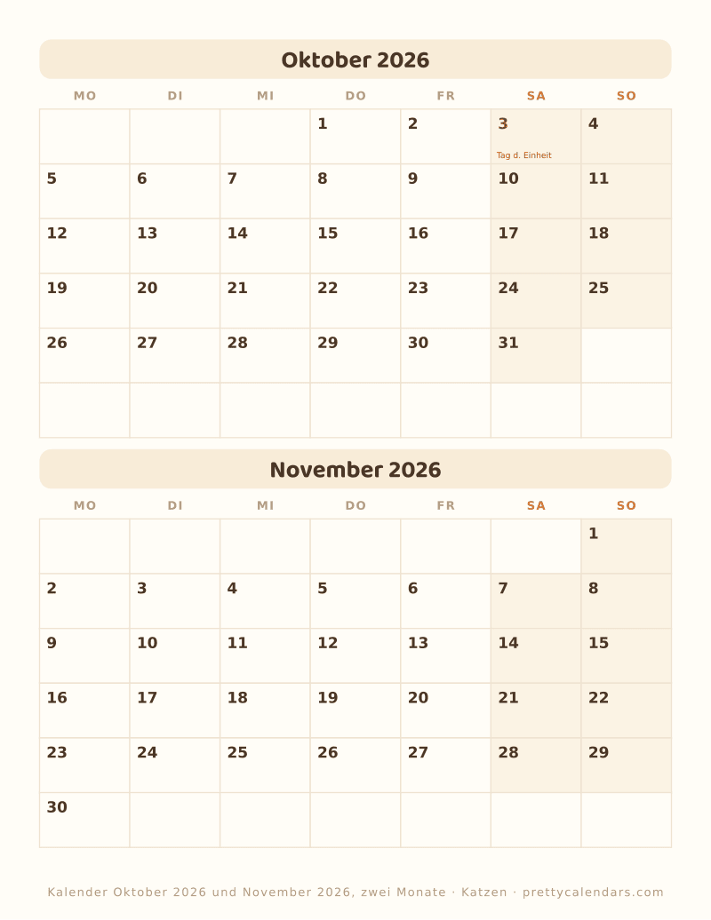 Druckbarer Monatskalender mit zwei Monaten, Design Katzen