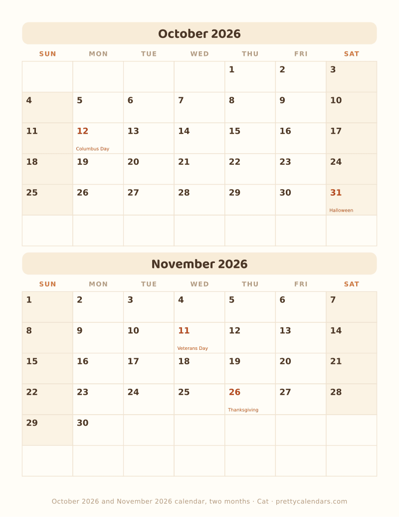 Printable two month calendar with both months dated on one page, Cat style
