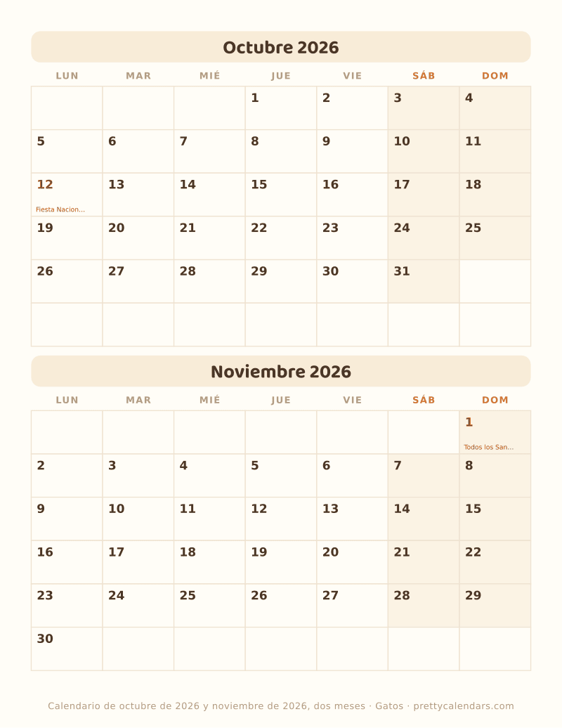 Calendario de dos meses para imprimir, los dos con sus fechas en la misma hoja, estilo Gatos
