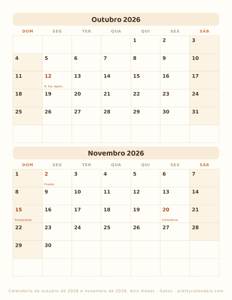Calendário mensal para imprimir com dois meses, estilo Gatos