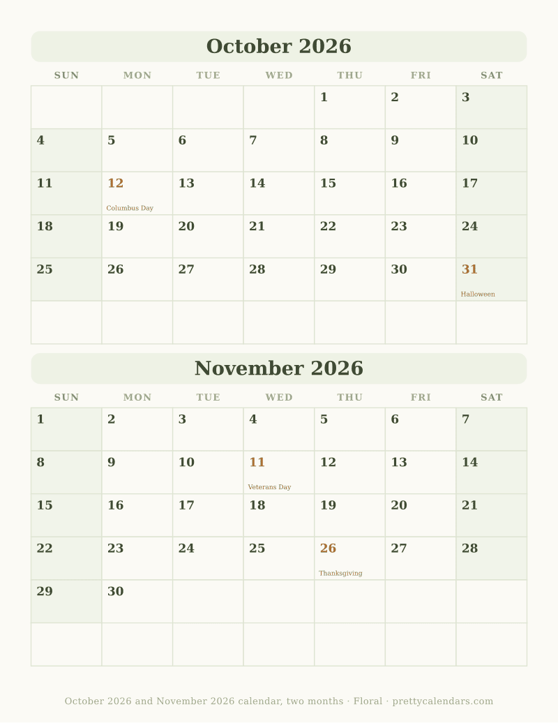 Printable two month calendar with both months dated on one page, Floral style