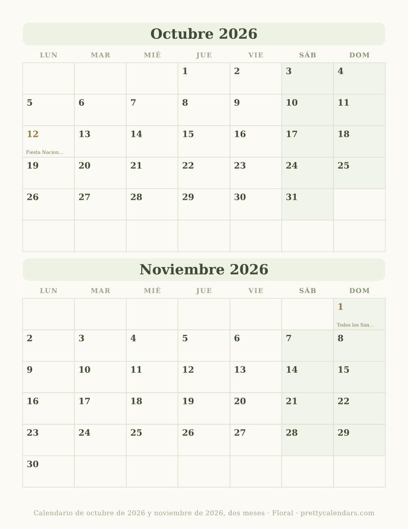 Calendario de dos meses para imprimir, los dos con sus fechas en la misma hoja, estilo Floral