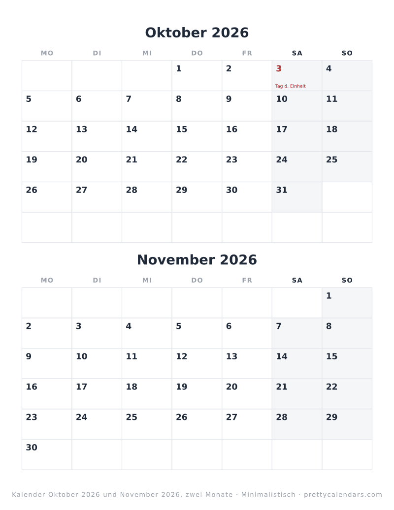 Druckbarer Quartalskalender mit zwei Monaten, Design Minimalistisch