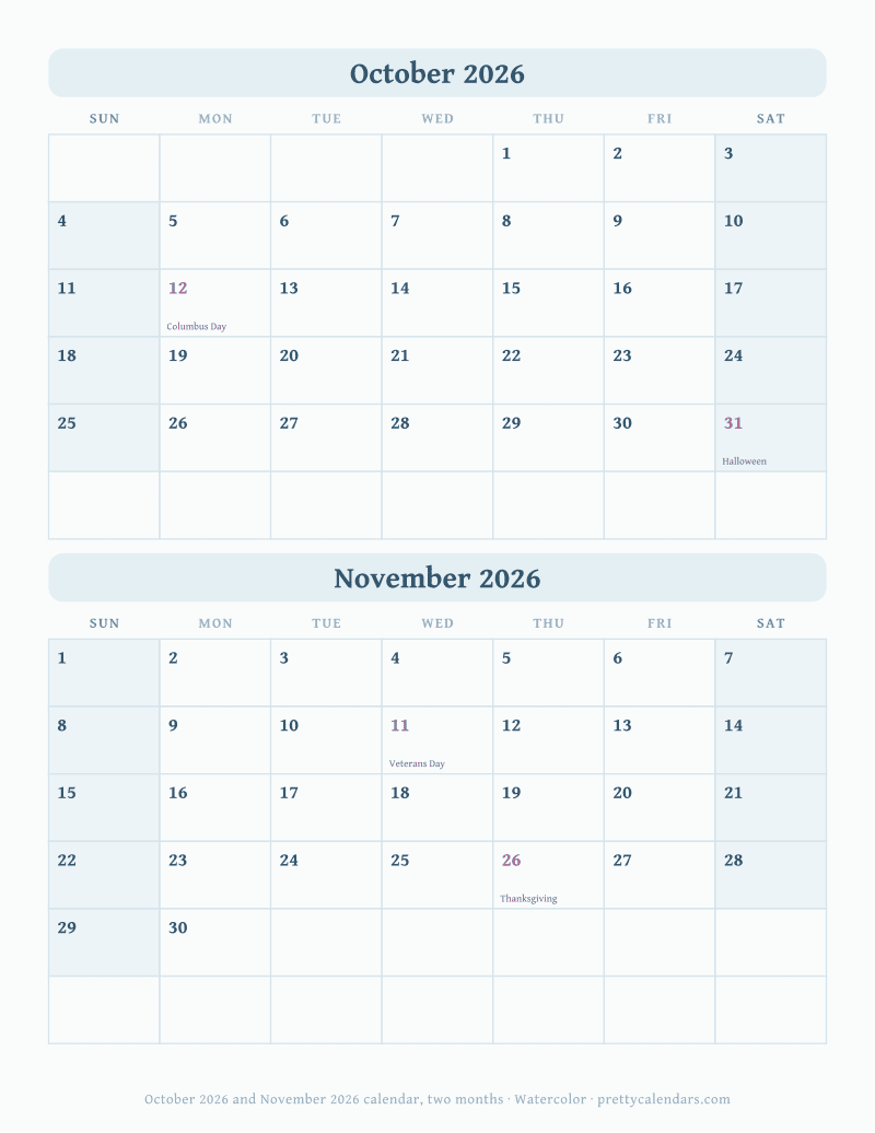 Printable two month calendar with both months dated on one page, Watercolor style