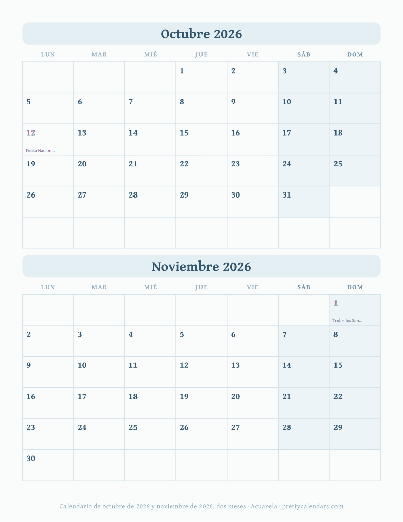Calendario de dos meses para imprimir, los dos con sus fechas en la misma hoja, estilo Acuarela