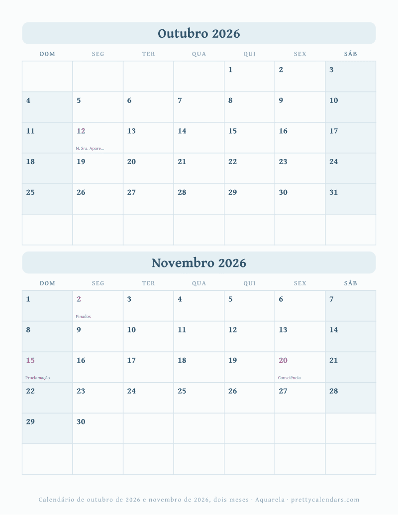 Calendário mensal para imprimir com dois meses, estilo Aquarela
