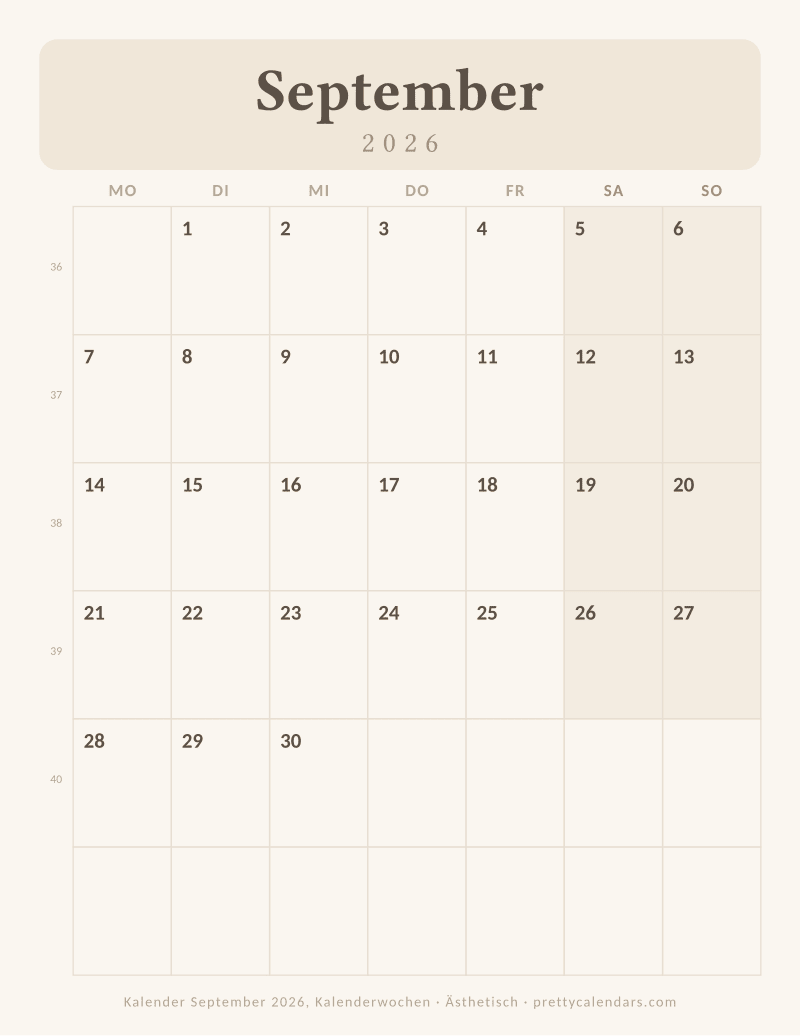 Druckbarer Monatskalender mit Kalenderwochen, Design Ästhetisch