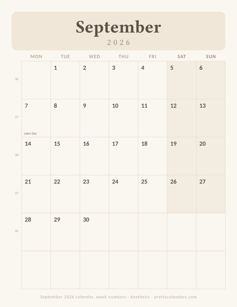 Printable monthly calendar with ISO week numbers and a Monday start, Aesthetic style