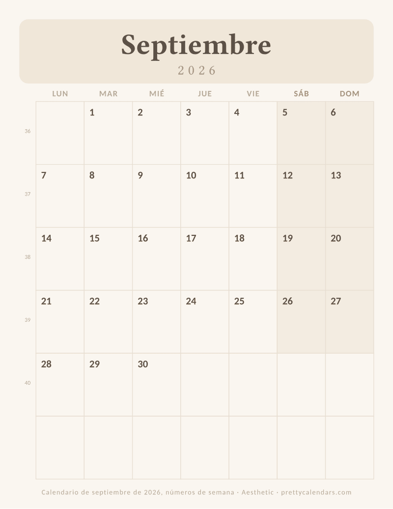 Calendario mensual para imprimir con números de semana ISO a la izquierda y comienzo en lunes, diseño Aesthetic