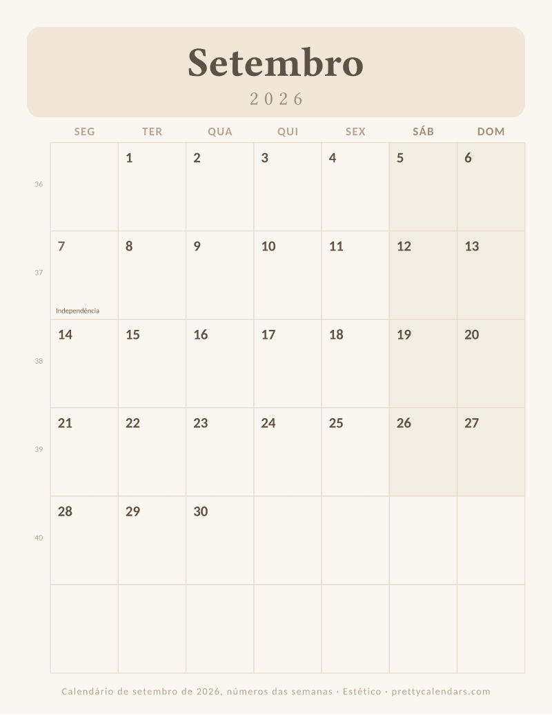 Calendário mensal para imprimir com números das semanas, estilo Estético
