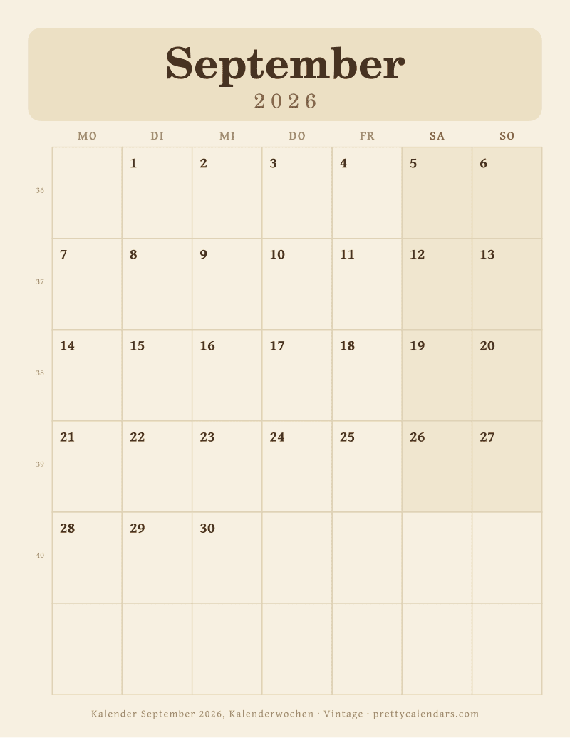 Druckbarer Monatskalender mit Kalenderwochen, Design Vintage