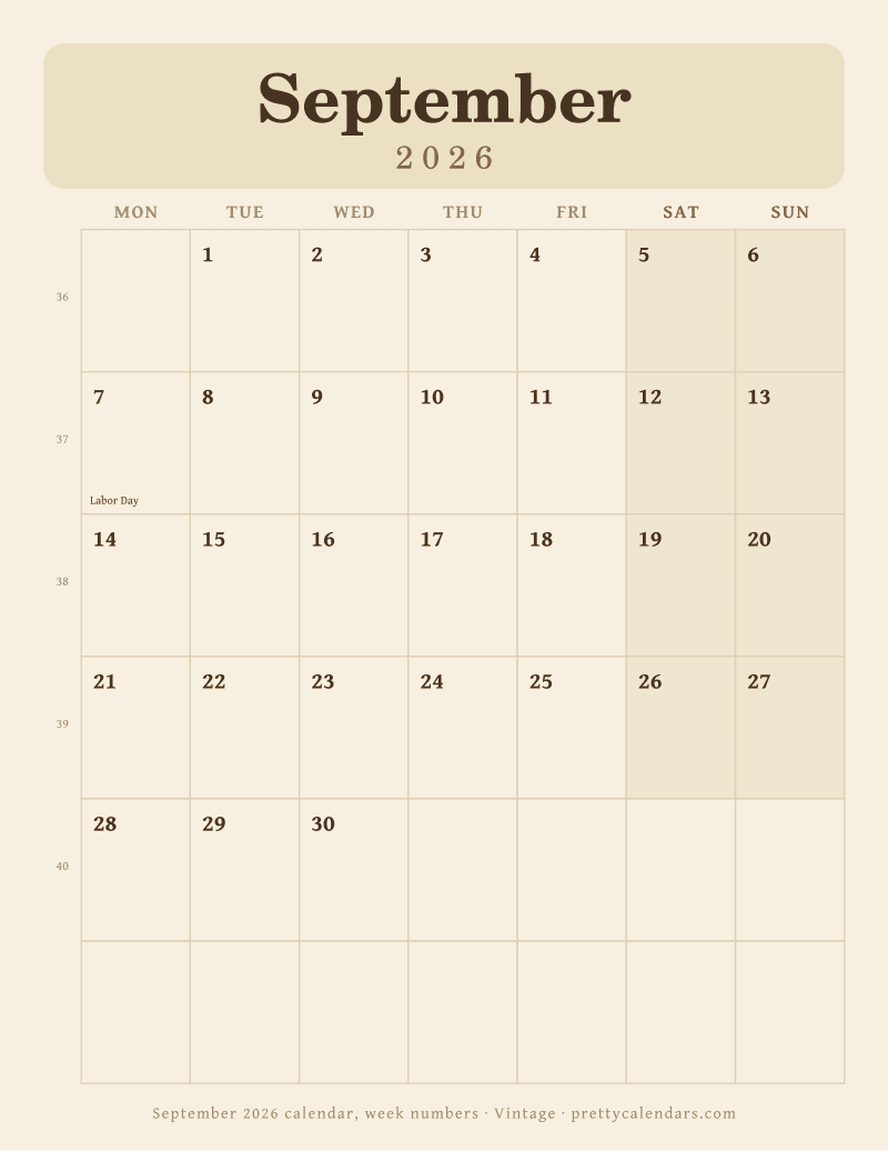 Printable monthly calendar with ISO week numbers and a Monday start, Vintage style