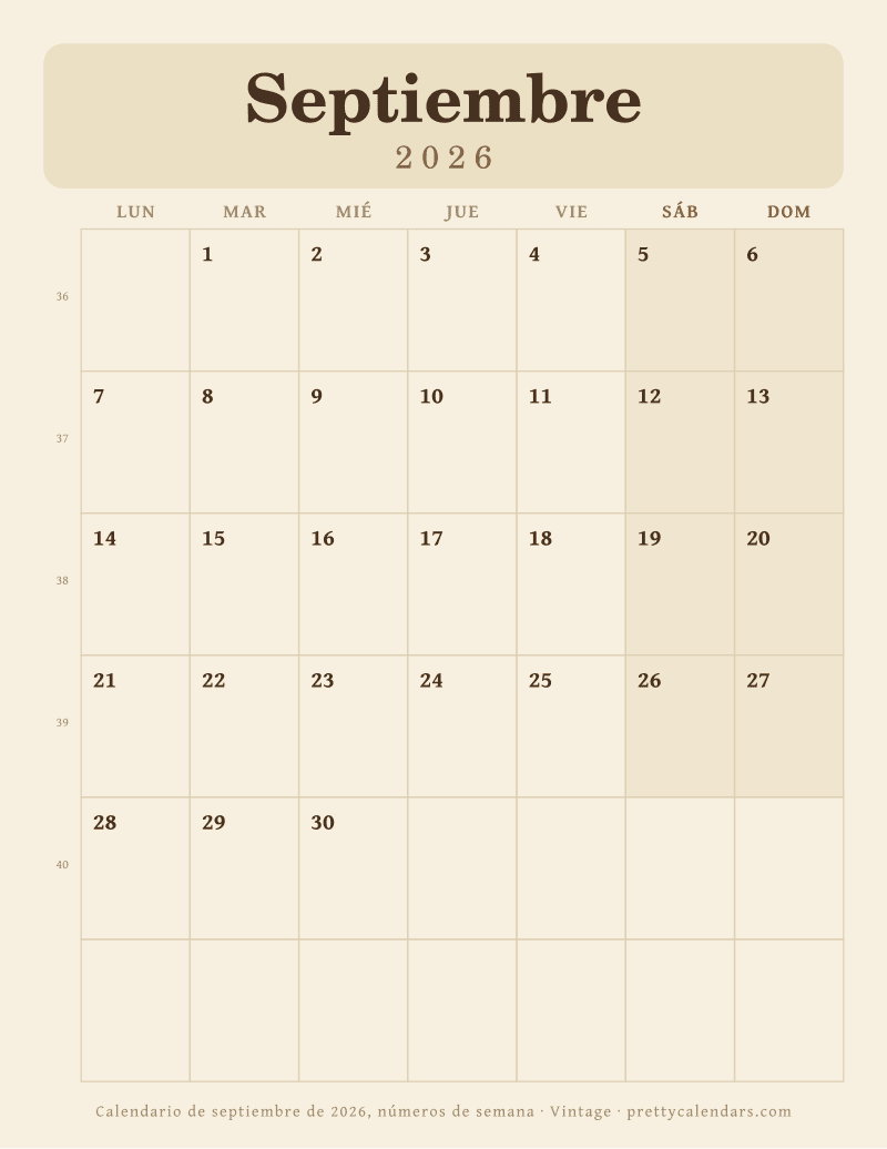 Calendario mensual para imprimir con números de semana ISO y comienzo en lunes, estilo Vintage