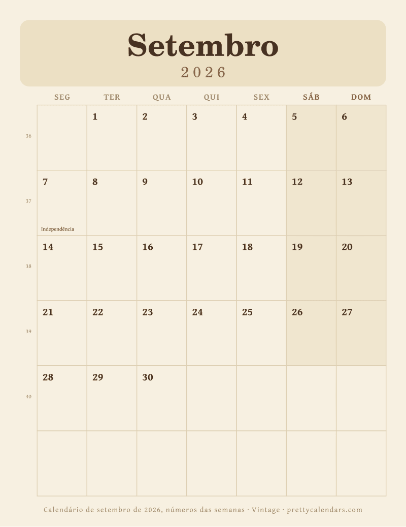 Calendário mensal para imprimir com números das semanas, estilo Vintage