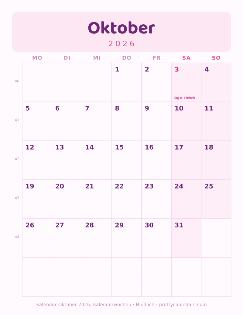 Druckbarer Monatskalender mit Kalenderwochen, Design Niedlich