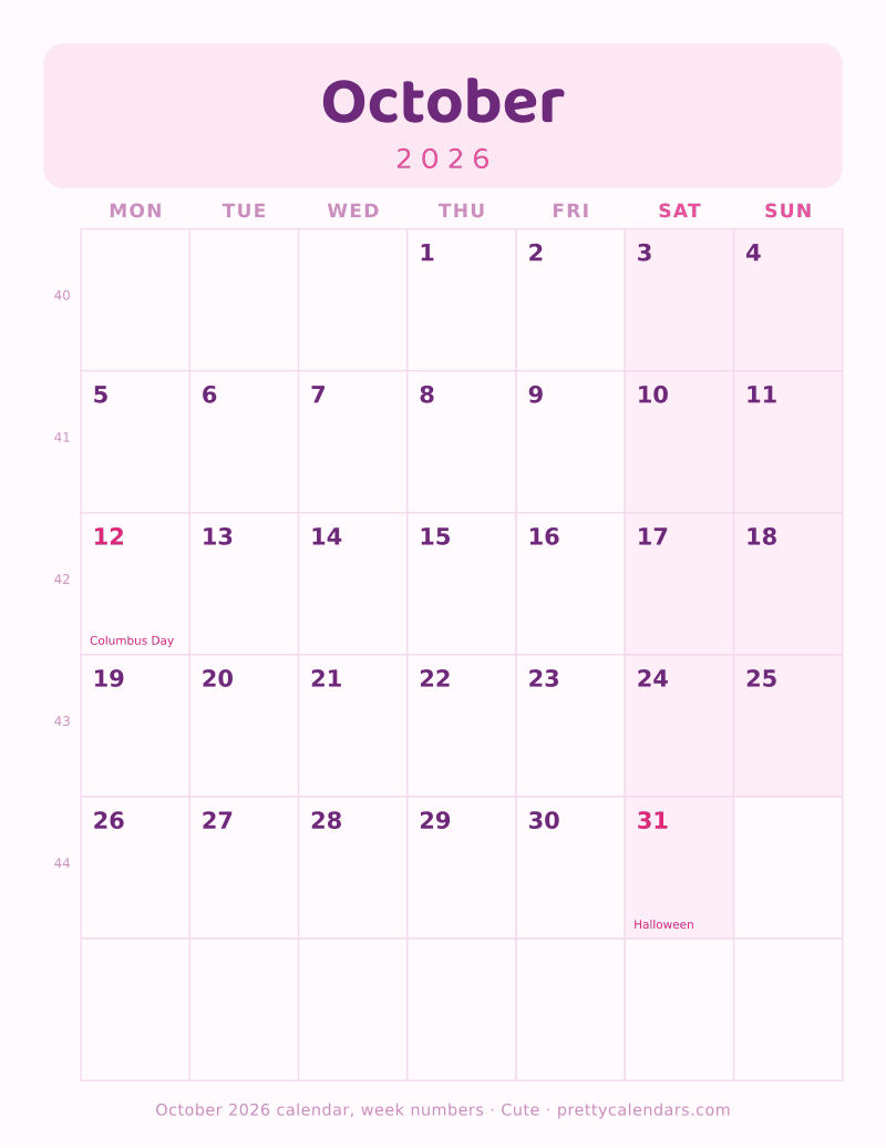 Printable monthly calendar with ISO week numbers and a Monday start, Cute style