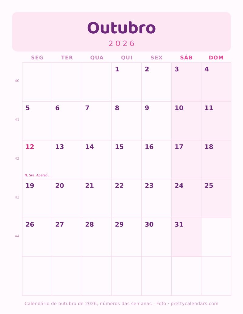 Calendário mensal para imprimir com números das semanas, estilo Fofo