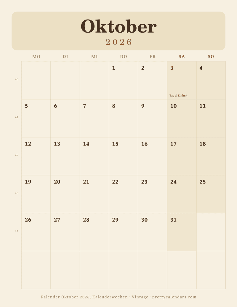 Druckbarer Monatskalender mit Kalenderwochen, Design Vintage